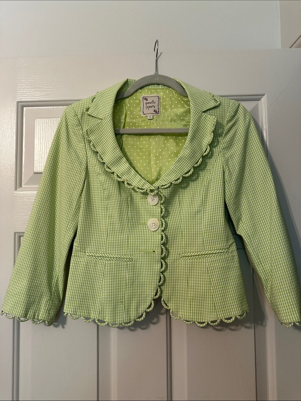 Nanette Lepore Light Green Gingham Scalloped-Edge Blazer